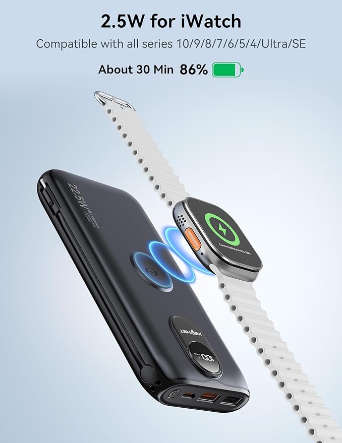 Portable Charger, 10000mAh 22.5W Power Bank Fast Charging with Wall Plug, Built-in Cables, LED Display, Compact Lightweight USB C Travel Battery Pack for iPhone 17/16, Android Cell Phone, Pad, iWatch