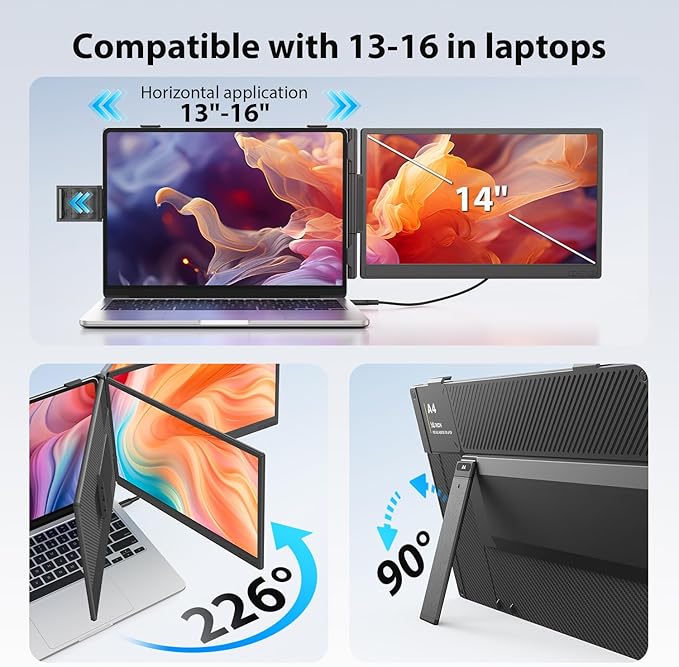 APILDELLA 14'' Dual Laptop Screen Extender, 1080P FHD Laptop Extended Monitor Portable with Speaker, Plug-Play Second Monitor for 13-16'' Laptops, Work with Mac, Window, Chrome