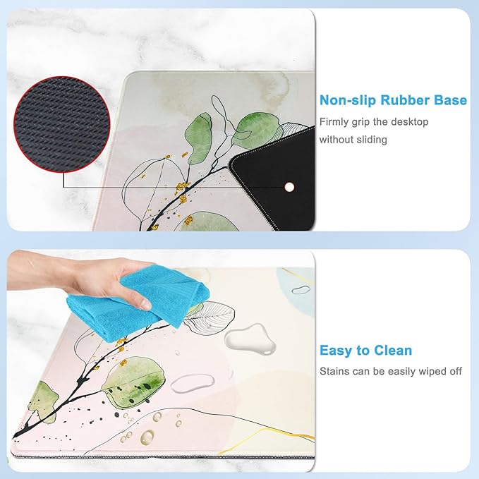 Large Gaming Mouse Pad with Coaster, Desk Matt for Desktop, Desk Pad, Mouse Pads Mat, Stitched Edges Big Extended Mousepad for Computer Keyboard Laptop Office Decor, 31.5'' x15.6''-Flowers&Leaves