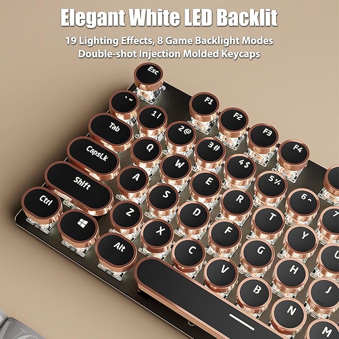 Typewriter Style Mechanical Gaming Keyboard White LED Backlit 104-Key NKRO White Switches Retro Round Keycaps Golden Ring Volume Knob Metal Panel Wired USB-C Detachable Cable, Black