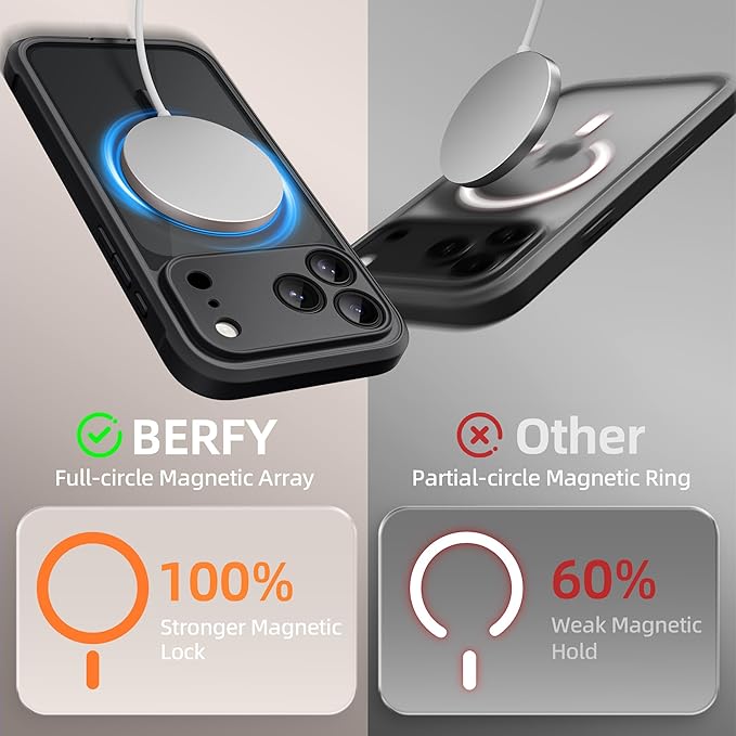 BERFY for iPhone 17 Pro Case, Compatible with MagSafe, Built-in Glass Screen Protector, Camera Protection, Shockproof Full Body Phone case 6.3", Clear Black