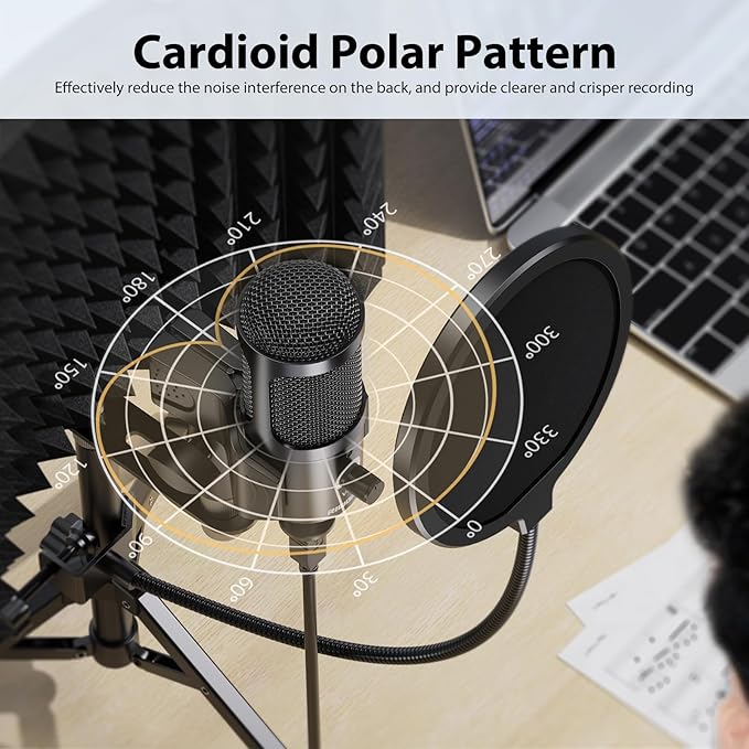 Studio Recording Microphone Isolation Shield with Pop Filter and Metal Tripod Stand USB Condenser Mic to PC Laptop Smartphone, Mic for Recording Singing Podcasting