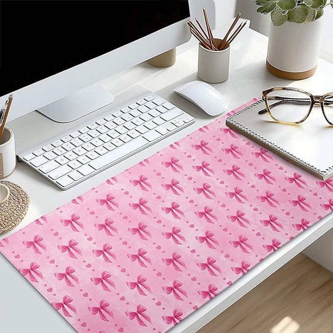 Pink Bows Mouse Pad Extended Large 35.4x15.7in Coquette Kawaii Desk Mat Preppy Trendy Computer Large Mousepad Non-Slip Rubber Base Stitched Edge Gaming Mousepad PC Computer Desk Pad for Work Desktop
