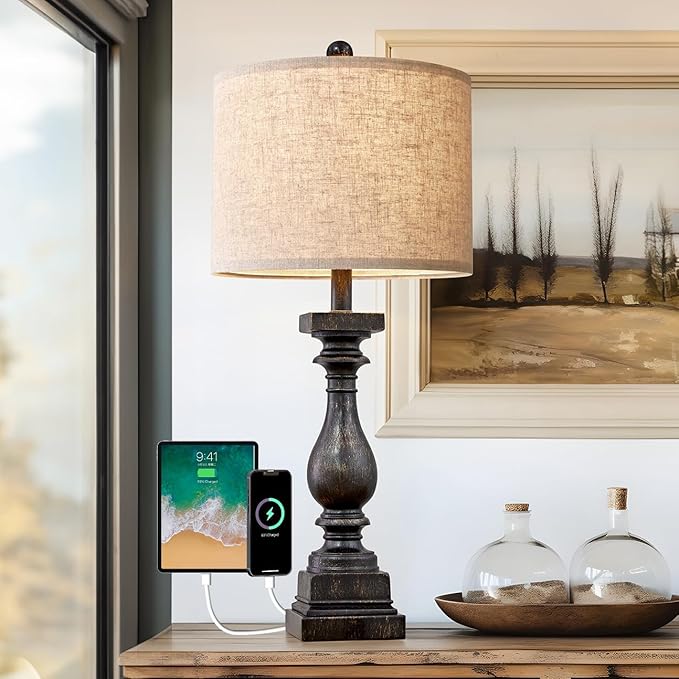 BOBOMOMO Retro 27" USB Charging Ports A/C Farmhouse Single Lamps for Bedrooms Retro Side Table Lamps Bedside Lamp for Side Nightstand Living Room 1 Pack (Blubs not Included)