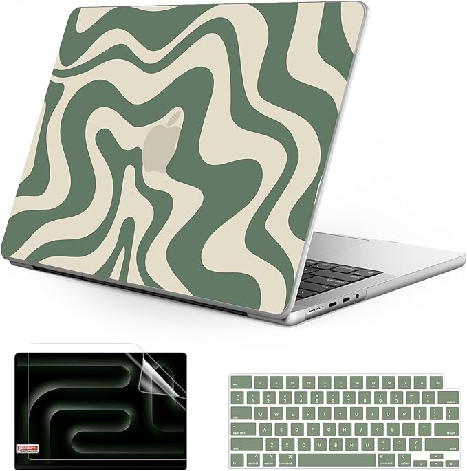 Anban Compatible with MacBook Pro 14 inch Case 2026-2021 M5 M4 M3 M2 M1 A3426 A3427 A3434 A3112 A3185 A3401 A2918 A2992 A2779 A2442, Plastic Hard Shell+Keyboard Cover+Screen Protector, Green Wave
