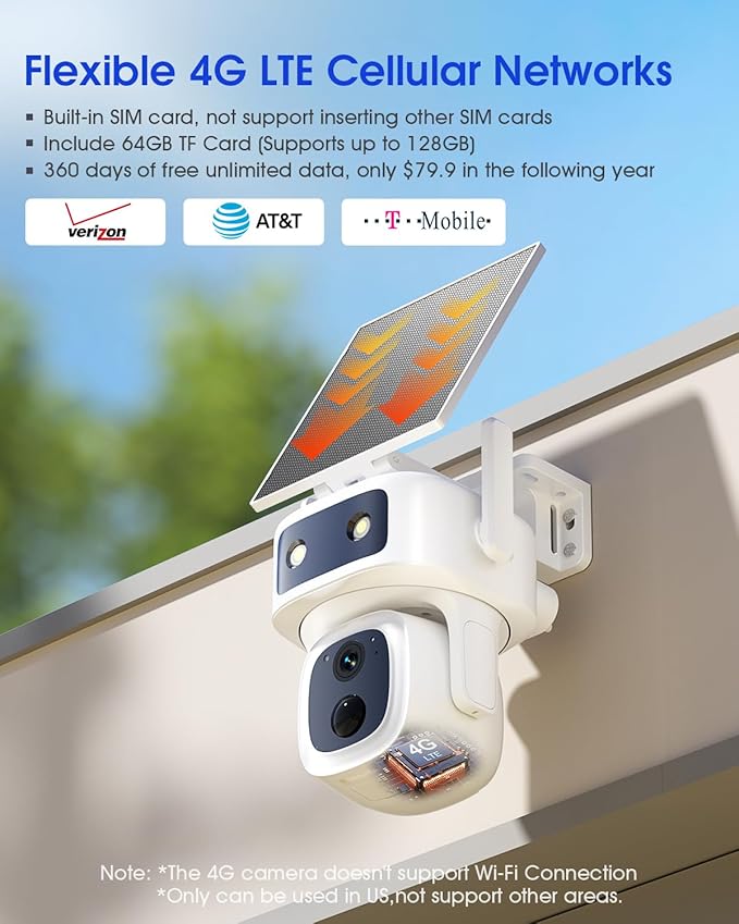 SANSCO 2 Pack 4G LTE Cellular Security Camera Wireless Outdoor, 360 Days Free Unlimited Data, Built-in SIM Card 64GB, 360° PTZ, No WiFi Solar Powered, 2K Color Night Vision, 2 Way Audio, AI Detection