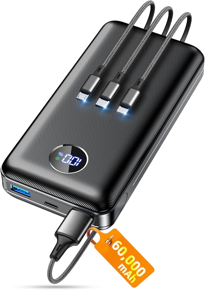Portable Charger Power Bank, 60000mAh Battery Pack with 3 in 1 USB-C/iOS/Micro-USB Cable, 22.5W Fast Charging Portable Phone Charger, Travel Camping Essential Powerbank for iPhone 17/16 Samsung,Ebony