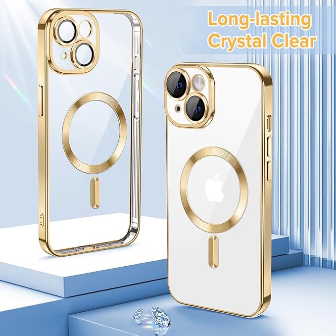 Hython Magnetic Clear for iPhone 14 Plus Case with Camera Lens Protector [Compatible with MagSafe] Luxury Plating Edge Slim Soft TPU Cover Protective Phone Case for iPhone 14 Plus 6.7", Gold