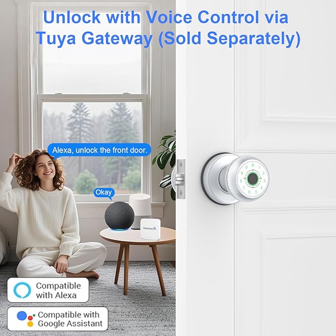 BIWIBON 5-in-1 Smart Door Knob, Fingerprint Door Knob with App Control, Smart Fingerprint Door Lock,Auto Lock, Ideal for Home, Bedroom, Office, Chrome
