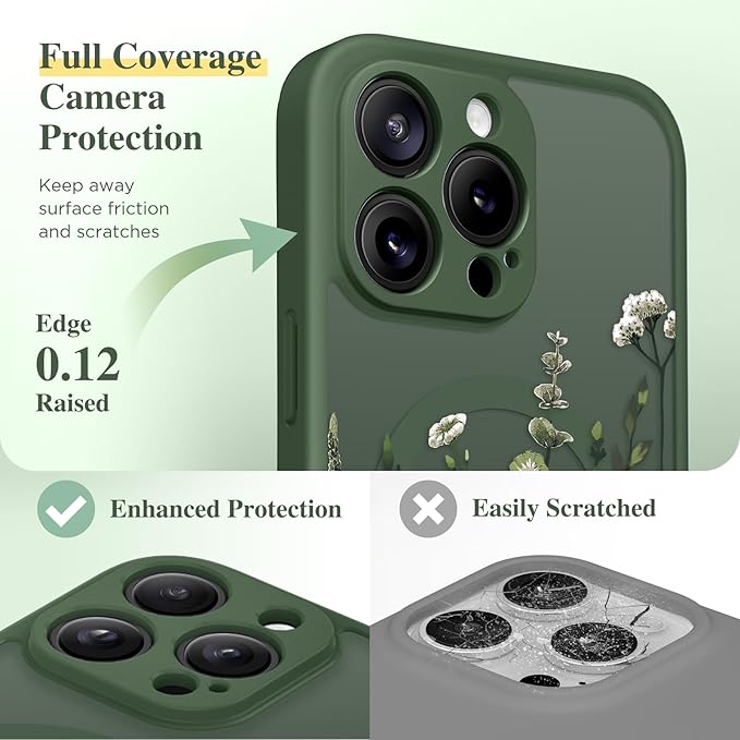 GVIEWIN for iPhone 15 Pro Max Case Compatible with MagSafe, [Military Grade Protection] [Screen Protector] Full Camera Protection Floral Translucent Women Magnetic Phone Case, Floratopia/Forest Green