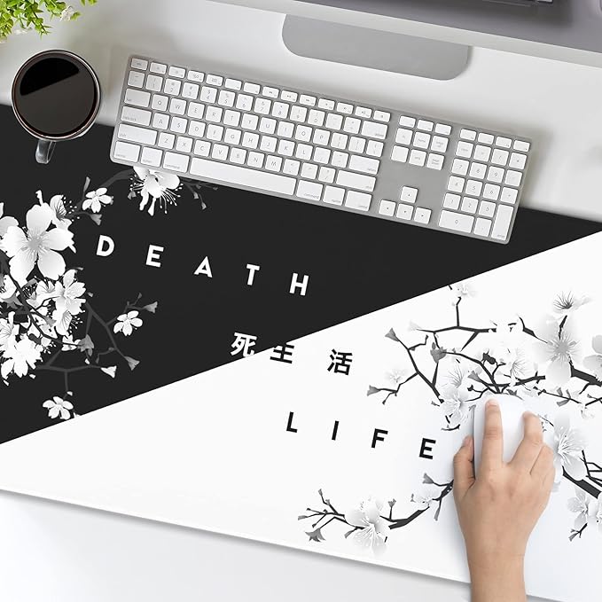 Black White Cherry Blossom Mouse Pad Japanese Sakura Death Life Extended Desk Mat 90X40 CM Non-Slip Rubber Base Stitched Edge Large xxl Playmat for Gaming Laptop Computer Office Desktop,35.4×15.7 Inch