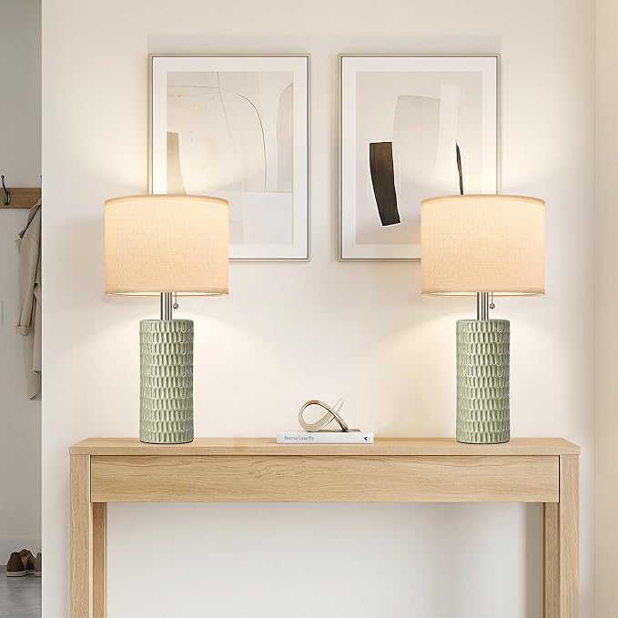 Reaketon Table Lamps for Living Room Set of 2, Ceramic Table Lamps for Bedroom, 20" Modern Lamps for Night Stands, Light Green