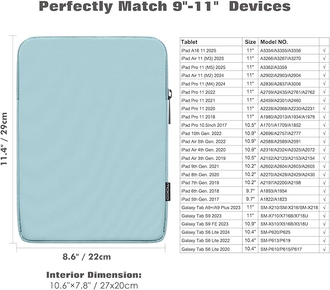 Moko 9-11 Inch Tablet Sleeve Bag Carrying Case Fits iPad air 5 10.9" 2022, iPad Pro 11 M2 2022-2018, iPad 10th 10.9,iPad 9/8/7th Gen 10.2,iPad Air 4 10.9/Air 3 10.5,Tab S8/S9 11", Misty Blue