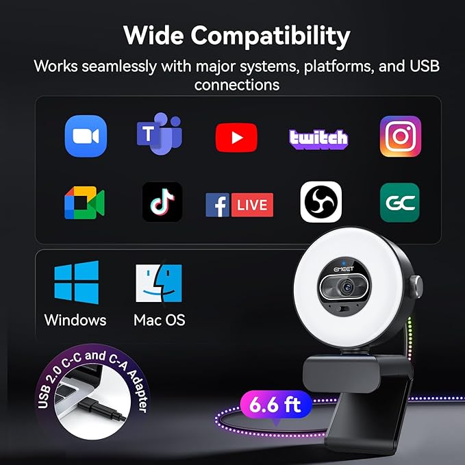 EMEET S600L 4K Webcam for Streaming with Ring Light, 4 Lighting Modes, Rainbow Effect, 1/2" Sensor, AI Imaging, 0.2S PDAF, 2 Mics, Dial Control, 4K Webcam with Light for OBS/Twitch/YouTube/Zoom/PC/Mac