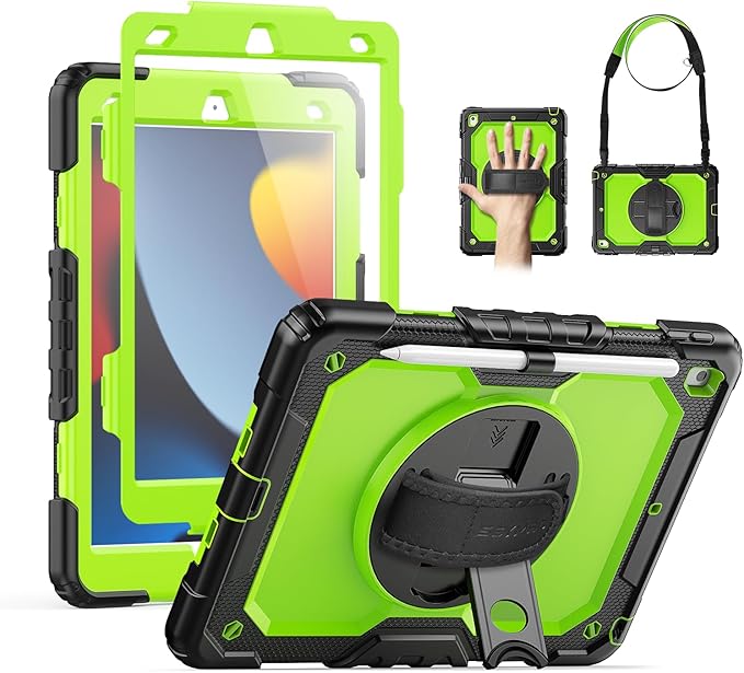SEYMAC for iPad 9th/8th/7th Generation Case 10.2" 2021-2019, Full-Body Shockproof Heavy Duty Protective Case with Screen Protector, Rotating Stand/Handle/Shoulder Strap for iPad 10.2, Black/Green
