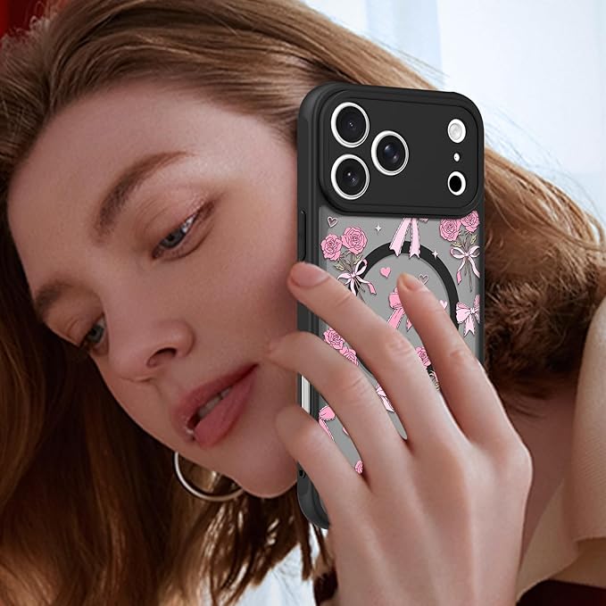 KANGHAR Case Compatible with iPhone 17 Pro Bows Bouquet Pattern [Compatible with Magsafe] Cute Flowers Florals Protective Magnetic Case for Girls Women Men