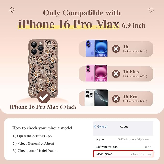 GVIEWIN for iPhone 16 Pro Max Case Compatible with MagSafe [Curly Wave Edge][Full Camera Protection] Floral Translucent Shockproof Magnetic Women Phone Case for 16 Pro Max, Bunchflower/Brown