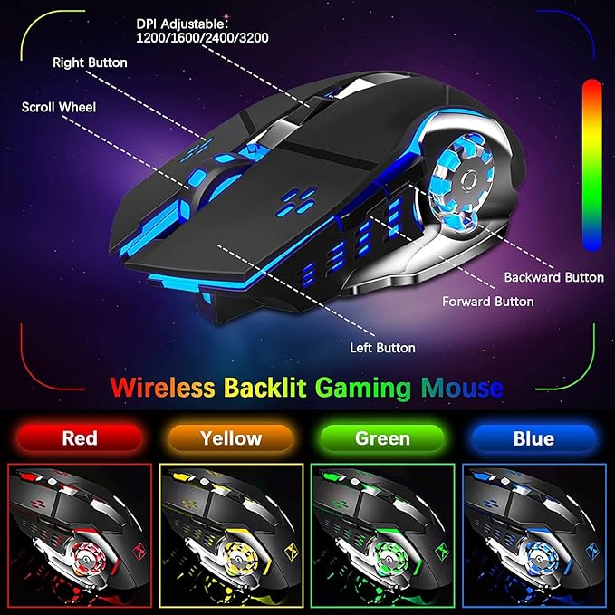 Wireless Gaming Keyboard Mouse Bluetooth Headset Kit with 16 RGB Backlit Rechargeable Battery Metal Mechanical Ergonomic Waterproof Dustproof Removable Palm Rest for Laptop PC Gamer(Rainbow RGB)