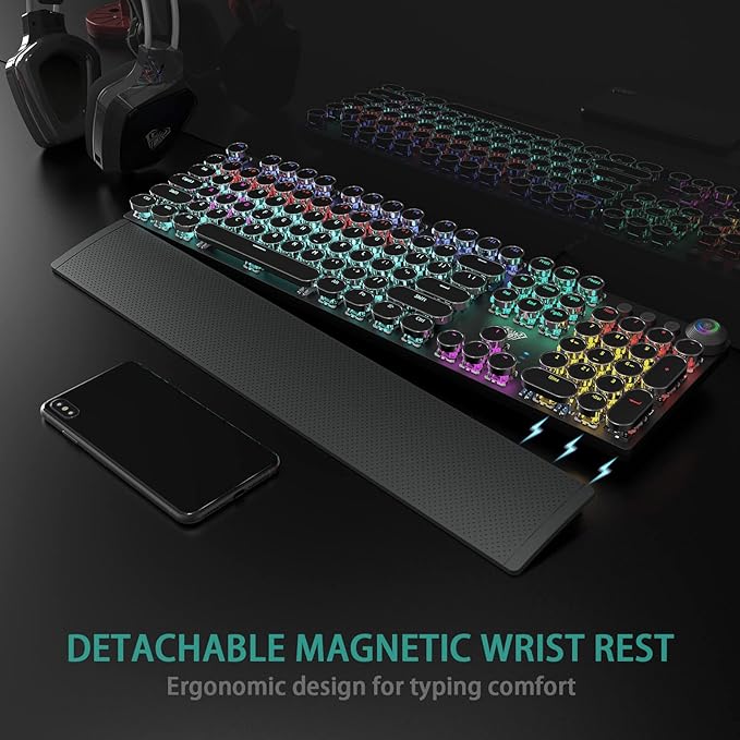 AULA F2088 Typewriter Style Mechanical Gaming Keyboard Wired,Blue Switches,Rainbow LED Backlit,Removable Wrist Rest,Media Control Knob,Retro Punk Round Keycaps,USB Wired Computer Keyboard