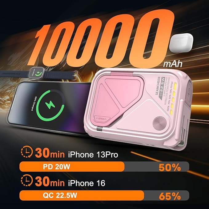 P05 Portable Charger, Magnetic Power Bank, Small Wireless PowerBank,Emergency Battery Pack 10000mAh Travel Essentials Fast Charging with Built in Cable, Wall Plug for iPhone,Samsung,Andriod (Pink)