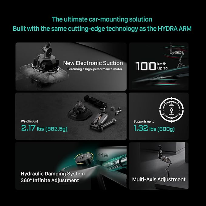 Tilta Hydra Alien Mini Electronic Suction Cup Kit - Titanium Gray | Compatible with DJI Pocket 3/4 Camera, and Other Action cams/Smartphones | Hydraulic Damping | Adjustable Arm