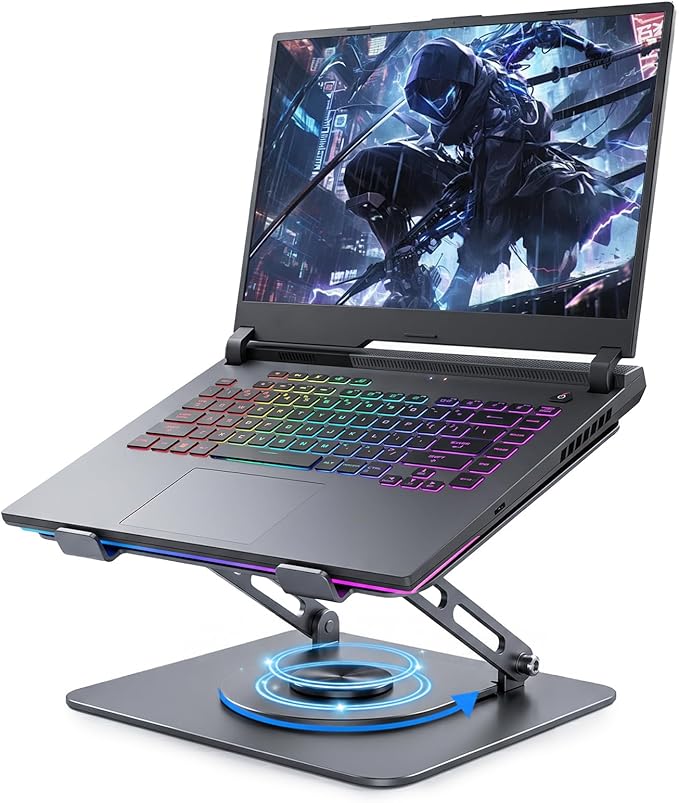 Leeboom Adjustable Laptop Stand for Desk, Ergonomic Height Adjustable Riser, 360° Rotating & Foldable, Ventilated Cooling, Fits Up to 17.3” Laptops (Including Gaming Laptops), Dark Silver