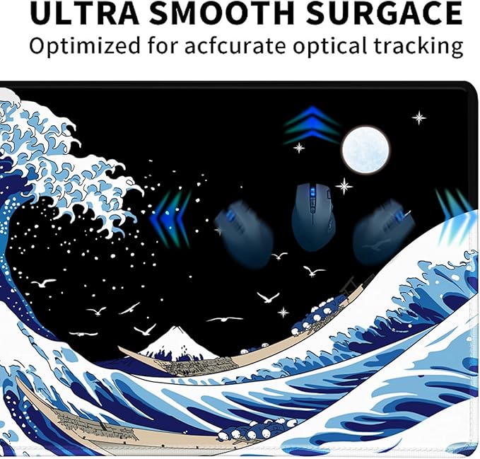 Gaming Laptop Mouse Pad,Sea Wave Big Mice Pads PC Keyboard Waterproof and Non-Slip 47.2" x 23.6" 0.15" Thick XL,XXL Rubber Table Mat, Kanagawa Surfing and Black Japanese Mouse Pads
