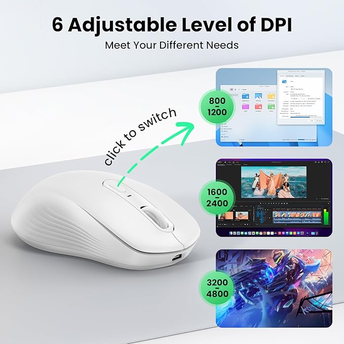 TECKNET Rechargeable Bluetooth Mouse, [ USB + BT5.0 + BT3.0 ] Wireless Mouse, Ergonomic Design, Silent Click, 6-Level 4800 DPI Wireless Mice, 3-Device Switching for Laptop, Computer, MacBook（White）