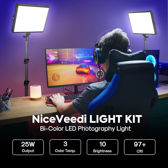 2-Pack Photography Lighting Kit, NiceVeedi 25W LED Video Light Kit, 2900-7000K Dimmable Studio Light with Tripod Stand, 73" Stream Light for Video Recording