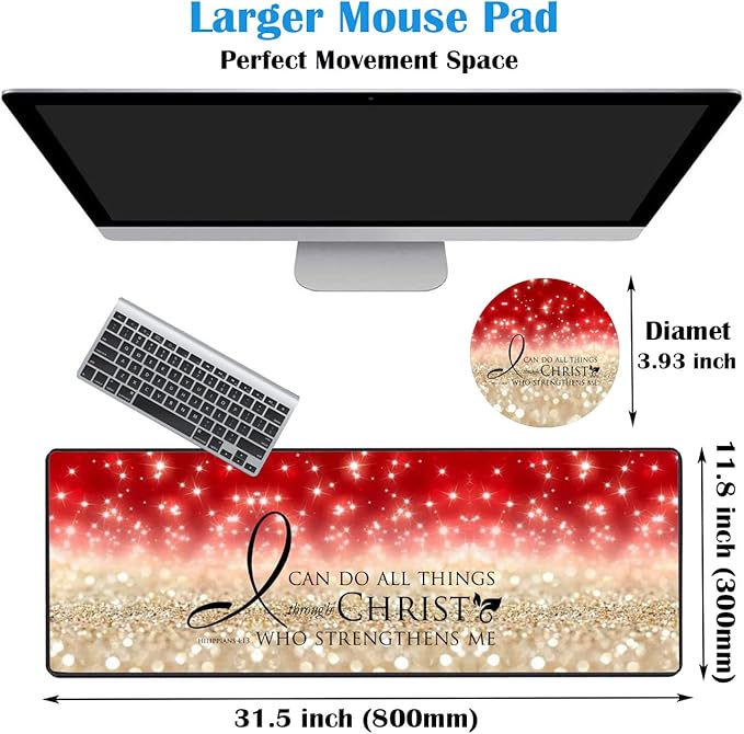 Extended Gaming Mouse Pad with Stitched Edges, Large Anti-Slip Mouse Pad (31.5x11.8 Inches) Desk Pad Keyboard Pad + Coaster for Work/Gamer/Home, Bible Verse Pink Philippians 4-13