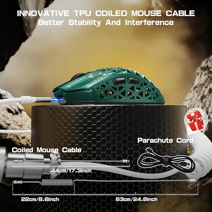 ATTACK SHARK R5 Ultra Wireless Gaming Mouse,39g Superlight Carbon Fiber Hollowed-Out,PAW3950MAX Optical Sensor Nordic 52840 MCU 8K Polling 42K DPI,Tri-Mode Programmable Mice with Coiled Cable-Green