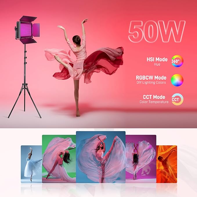 GVM Upgraded 680 RGB LED Video Light with Lightings Stand Kit, 50W Photography Lighting with Bluetooth Control, Studio Light with 18 Lighting Scenes, led Panel Lights for Video Recording, 8500lux/0.5m