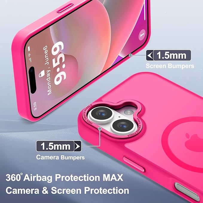 Newfuture Designed for iPhone 16 Case with Magnetic [13 FT Military Drop Protection] [Compatible with Magsafe] Slim Translucent Matte Shockproof with Anti-Fingerprint Phone Case, Hot Pink