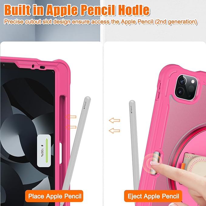 Batianda Case for iPad Pro 11-inch 2022 4th M2 Chip /2021 (3rd Generation) Heavy Duty Rugged Shockproof Tablet Cover with 360° Rotating Hand Strap Foldable Hidden Stand & Shoulder Strap, Pink