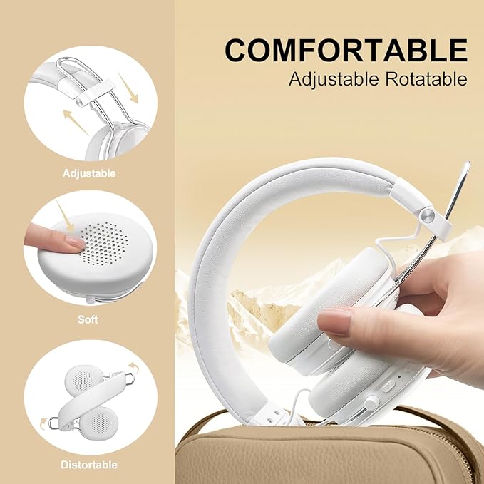 Wireless Bluetooth On-Ear Headphones, Active Noise Cancelling, Hi-Res Sound, 55H Playtime, Foldable Design, Lightweight and Comfortable, Multipoint Connection, for Home Office Travel, White