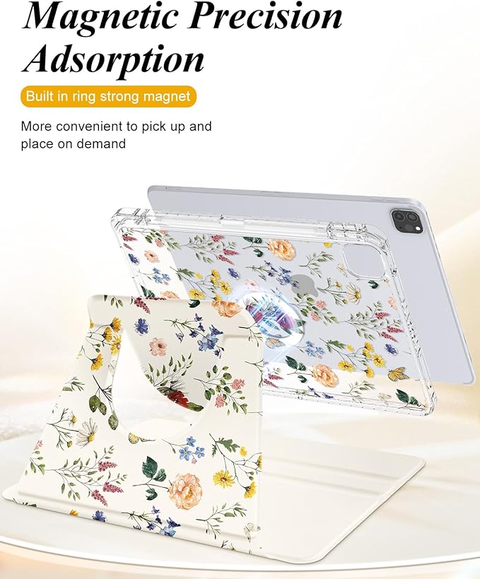 Shorogyt for iPad Air 13 Inch (M4) 2026/ M3 2025 & M2 2024 /for i Pad Pro 12.9 inch (3/4/5/6th Gen) for Magnetic Stand for Women - Cute 360 Rotating Covers Girls with Pencil Holder, Retro Flower