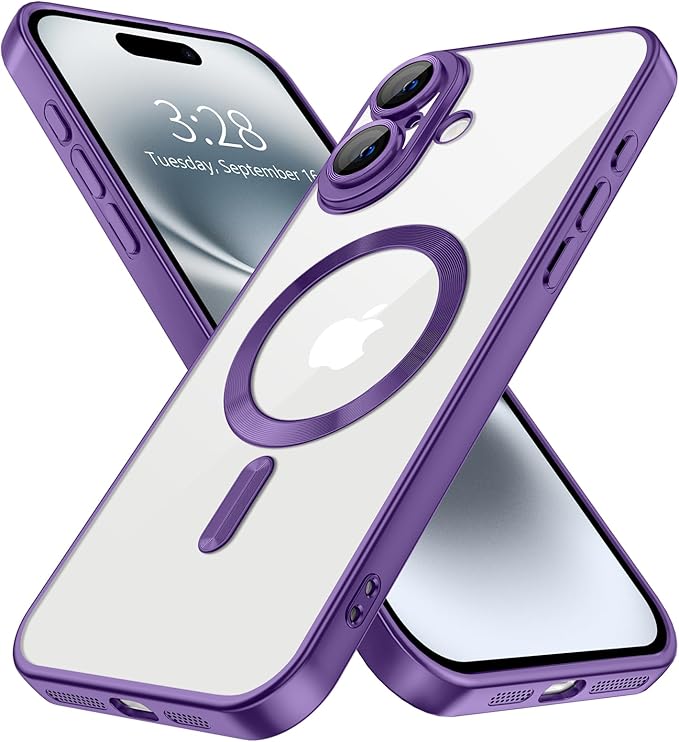 Hython Magnetic Clear for iPhone 16 Case with Camera Lens Protector [Compatible with MagSafe] Luxury Plating Edge Slim Soft TPU Cover Protective Phone Case for iPhone 16 6.1", Matte Purple
