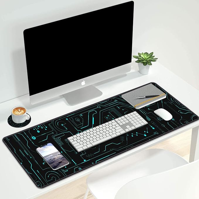 Desk Pad Mat Gaming Mouse Pads with Coasters Set, Stitched Edges Design Mouse Pad XXL Large Mouse Pad for Laptop Computers Circuit Board Pattern Desk Writing Mat for Office & Home 31.5"x 11.8"