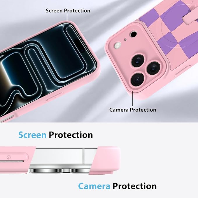 KANGHAR Compatible with iPhone 17 Pro Case, Support for MagSafe, Silicone Checkered Cute Pattern, Wristband Kickstand Camera Protection Soft Slim Cover for Girls Women -Pink
