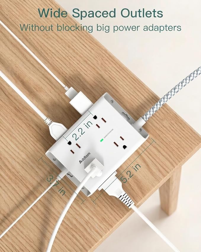 Addtam Surge Protector Power Strip, 8 Widely Outlets with 4 USB Ports (2 USB C), 10ft Extension Cord with Multiple Outlets, 3 Side Outlet Extender, Flat Plug, Wall Mount, ETL, White