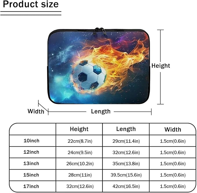 Water Flame Football Computer Sleeve for Men 13 InchLaptop Sleeve Neoprene Laptop Covers with Padded Compartment Lap Top Case Soccer Computer Carrying Bag