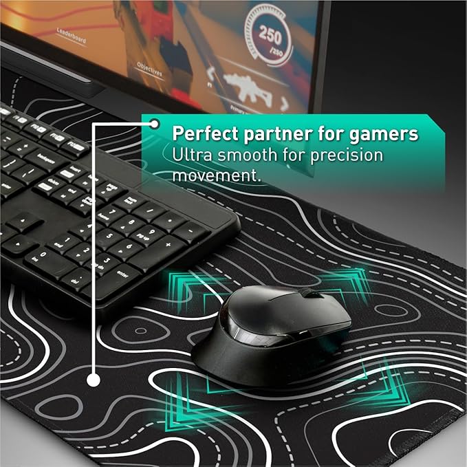 Pixiecube Minimalist Topographic Map Mouse Pad - Contour Extended Large Stitch Edge Mousepad. Black & White Non-Slip XXL Gaming Desk Mat