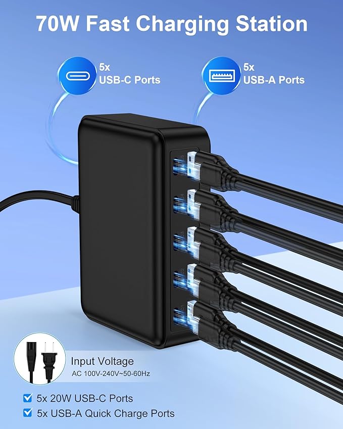 USB C Charger Station for Multiple Devices, 10-Port Desktop USBC Charging Hub with 5 USB-C & 5 USB-A Multi Ports, Fast Multiport Wall Charger Block Cube for iPhone 17 16 15 Pro Max iPad Plug Outlet