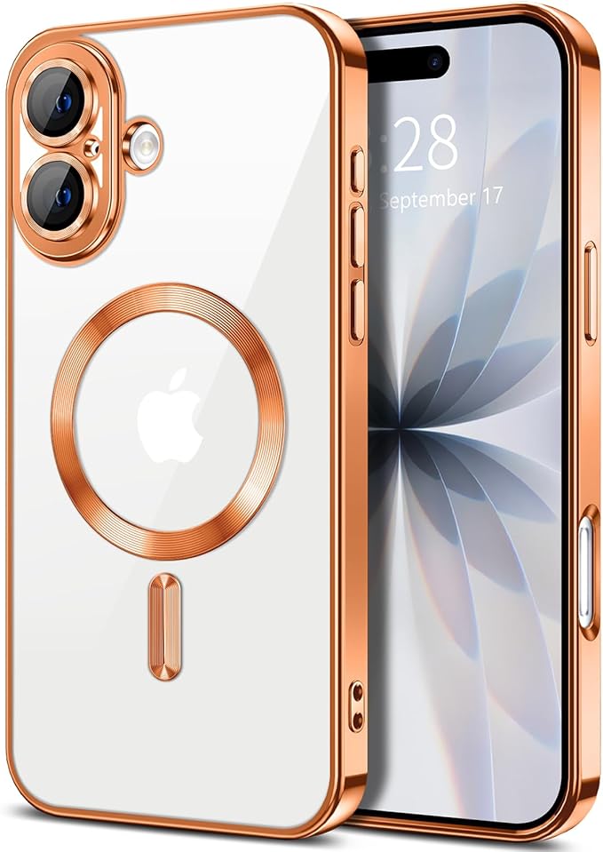 Hython Magnetic Clear for iPhone 17 Case with Camera Lens Protector [Compatible with MagSafe] Luxury Plating Edge Slim Soft TPU Cover Protective Phone Case for iPhone 17 6.3", Orange