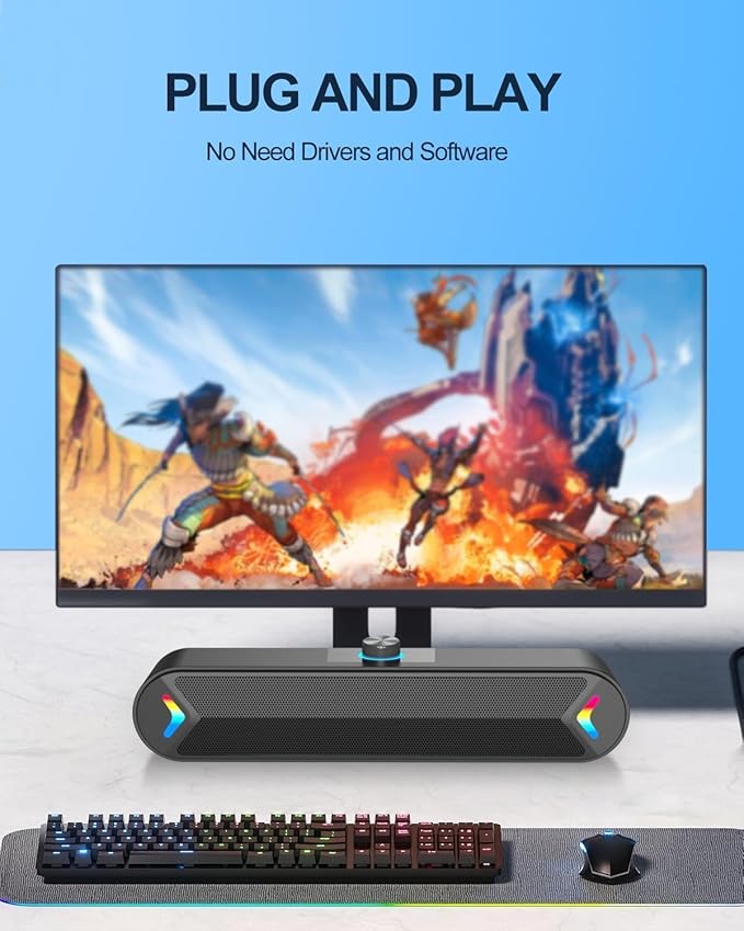 LENRUE Computer Speakers,PC Speakers for Desktop,Wired USB-Powered Sound-bar for Computer with 10W Stereo Sound and Colorful Light,Plug-n-Play (A39PRO /Black)