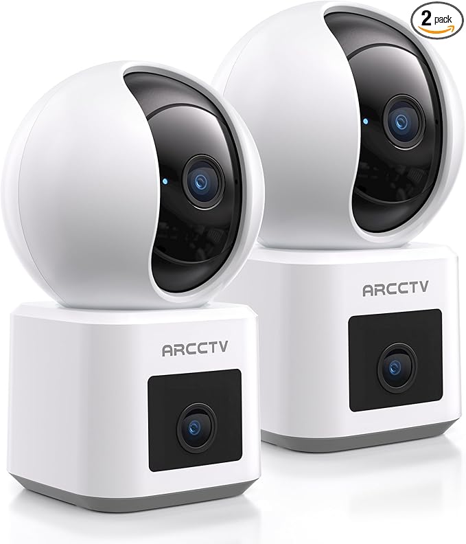 ARCCTV 2-Pack Dual Lens Indoor Security Camera, 2.5K WiFi 6 Pet Camera for Home Security System, 4-View Whole Home Coverage, 360° AI Tracking, 5GHz/2.4GHz Dog Camera, Night Vision, Phone App