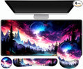 Gaming Mouse Pad, Large Desk Mat, Cute Desk Pad Protector, 4in1 XXL Mousepad + Keyboard Wrist Rest+Mouse Wrist Rest+Coaster Set with Ergonomic Desk Pad for Home Office Table Computer, Purple Hill