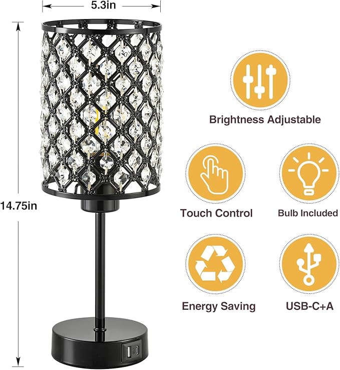 GyroVu Crystal Table Lamp, Black Lamp for Bedroom Nightstand with USB C+A Ports, Dimmable Touch Lamp with Crystal Shade, Bedside Lamp Small Lamp for Bedroom, Living Room, Office (Buld Included)