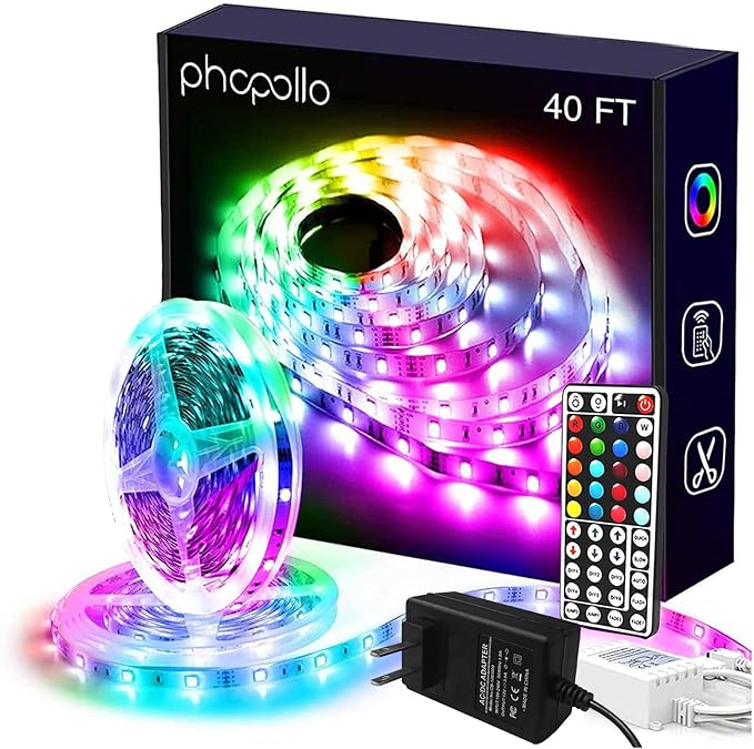 phopollo Led Lights 40ft (2 Rolls of 20ft) for Bedroom RGB Color Changing Led Lights Kit with Power Supply and Remote