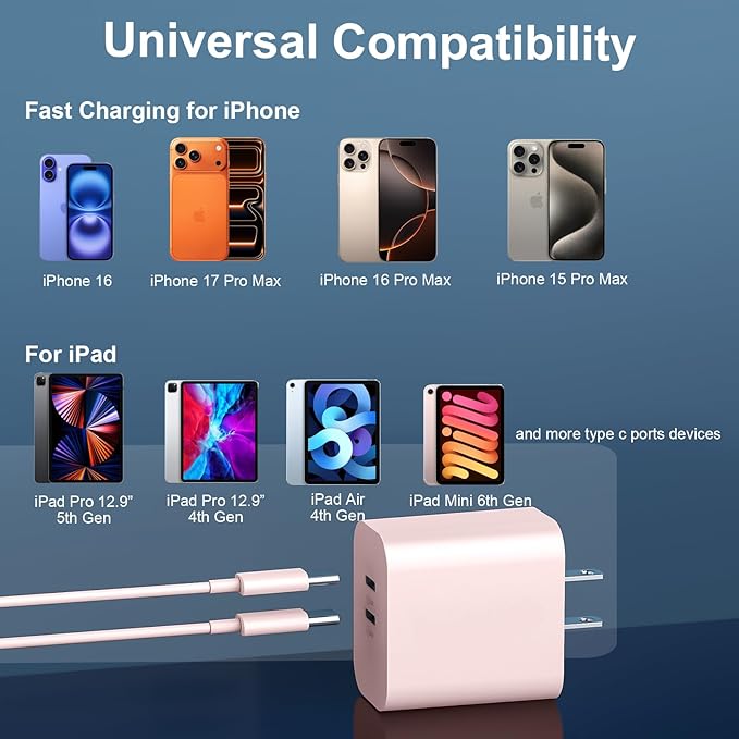 Phone 17 16 15 Charger 10FT, 20W Dual Port USB C Fast Charging Block with 10FT Long USB C to C Charging Cable Cord for Phone 17 16 15 Pro Max/17 16 15 Pro/15/15 Plus,Pad Pro